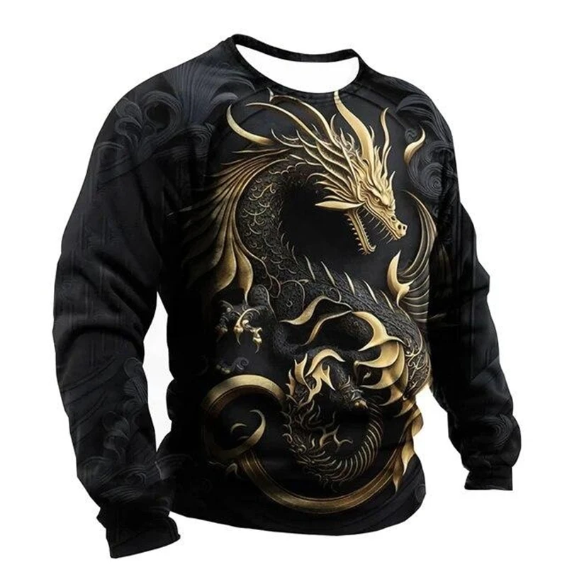 

Men's 3D Dragon Print Long Sleeve T-Shirt Autumn Outdoor Cool Hip Hop Style Round Neck Top Vintage Design Loose Pullover For Men