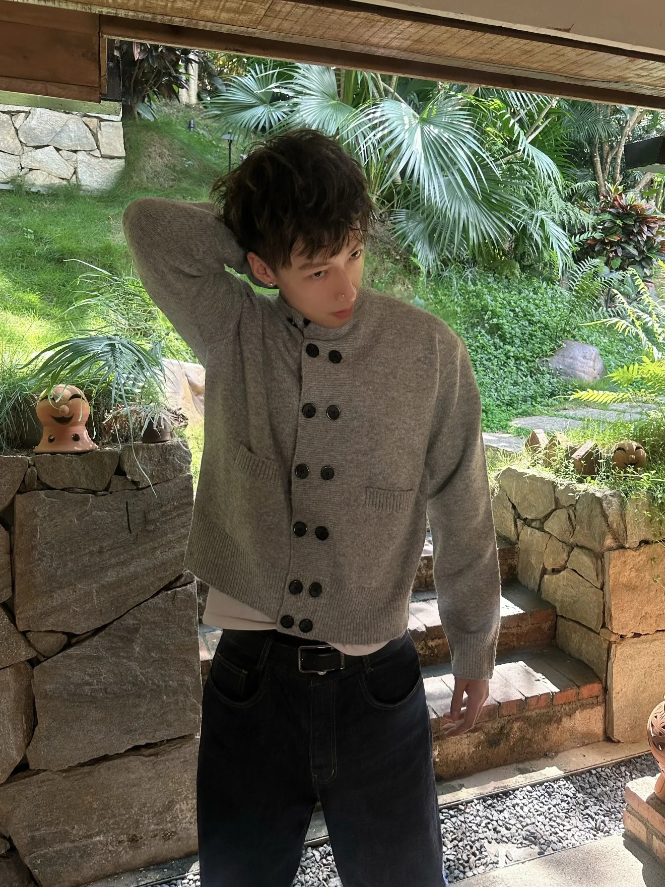 

Вязаный кардиган в американском стиле ретро, мужской зимний повседневный универсальный чистый крой, круглый шерстяной тюнер с двойной пуговицей, длинный све