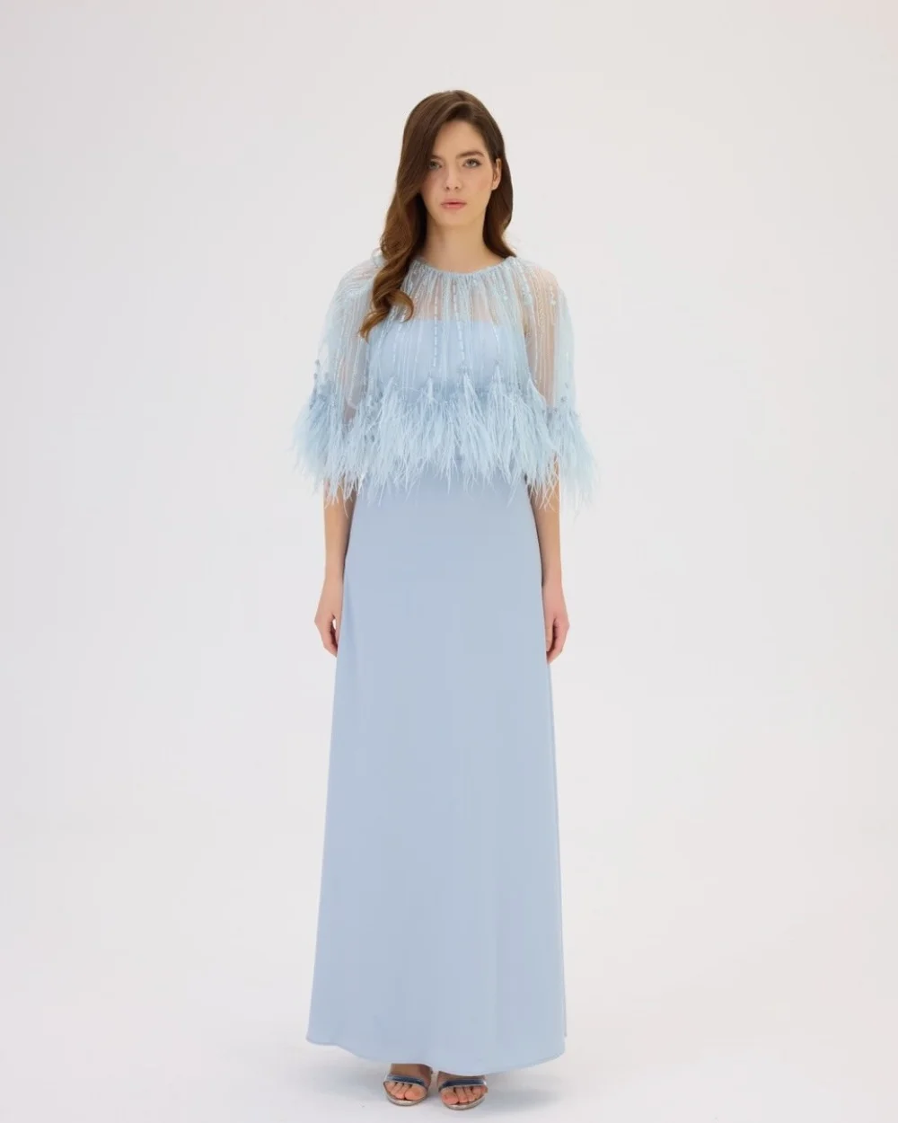 

Customized Sky Blue Luxury Exquisite Jersey Feather Beading Sequined A-line Scoop Neck Long Dresses Evening Dresses Elegant