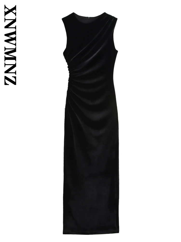 XNWMNZ 2024 New Summer Woman\'s Casual Ruffles Sleeveless zipper Black Dress Female Vintage O-Collar Long Length Top Maxi Skirt