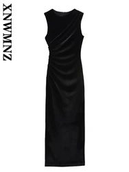 XNWMNZ 2024 New Summer Woman's Casual Ruffles Sleeveless zipper Black Dress Female Vintage O-Collar Long Length Top Maxi Skirt