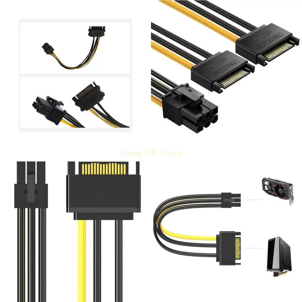 M5TD Sata15P to 6P Male Power Cable for Video Card Use Flame Resistant PVC Coating