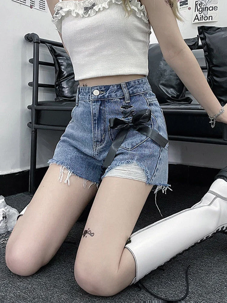 Jmprs Y2K Hole Gothic Denim Shorts Women Streetwear Bow Lace Up Shorts Harajuku Retro High Waist Design Hip Hop Jeans Shorts New