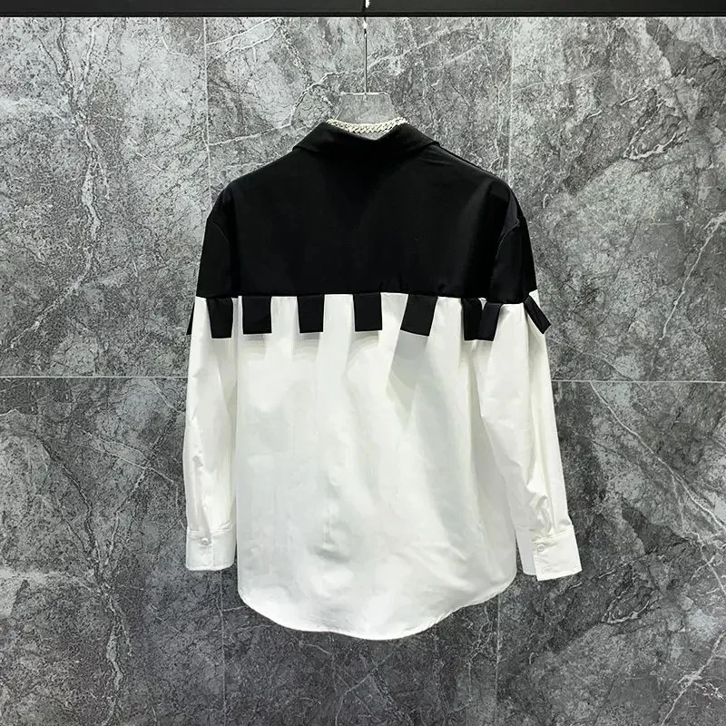 Men Spring Autumn Black White Color Block Long Sleeve Shirt Loose Niche Design Button Down Shirts Korean Style Street Casual
