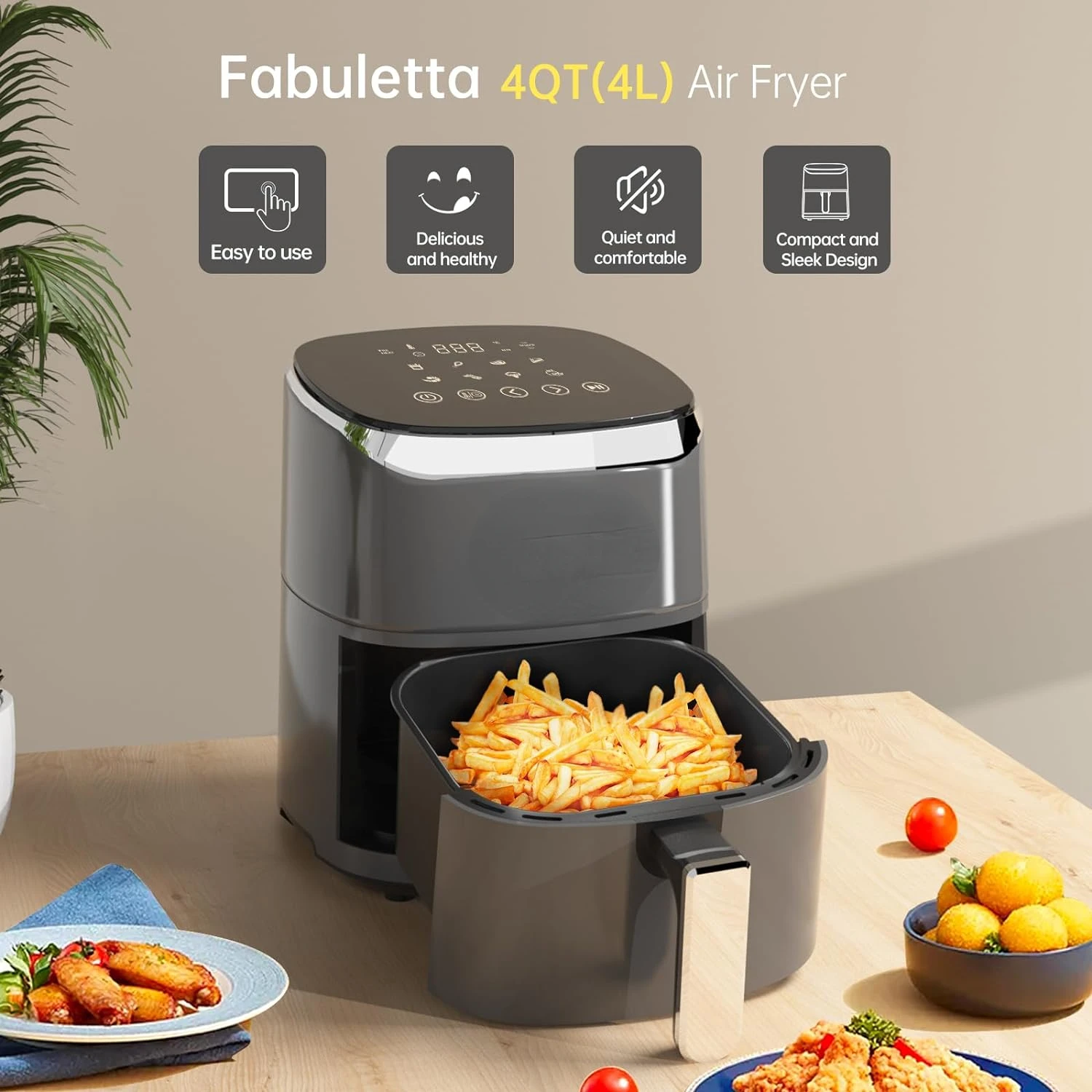 Freidoras de aire 4 Qt, 9 programas de cocina inteligentes personalizables, freidora de aire compacta, recordatorio de vibración, potente cocina sin aceite de 1550W, Temper