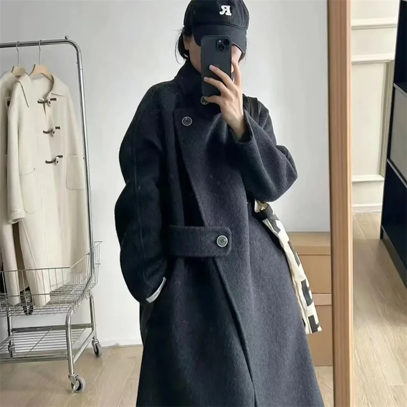 

Korean Sle Gentle Woolen Coat Women's Autumn Winter Vintage Stand Collar Angle Button Design Sensation Outerwear