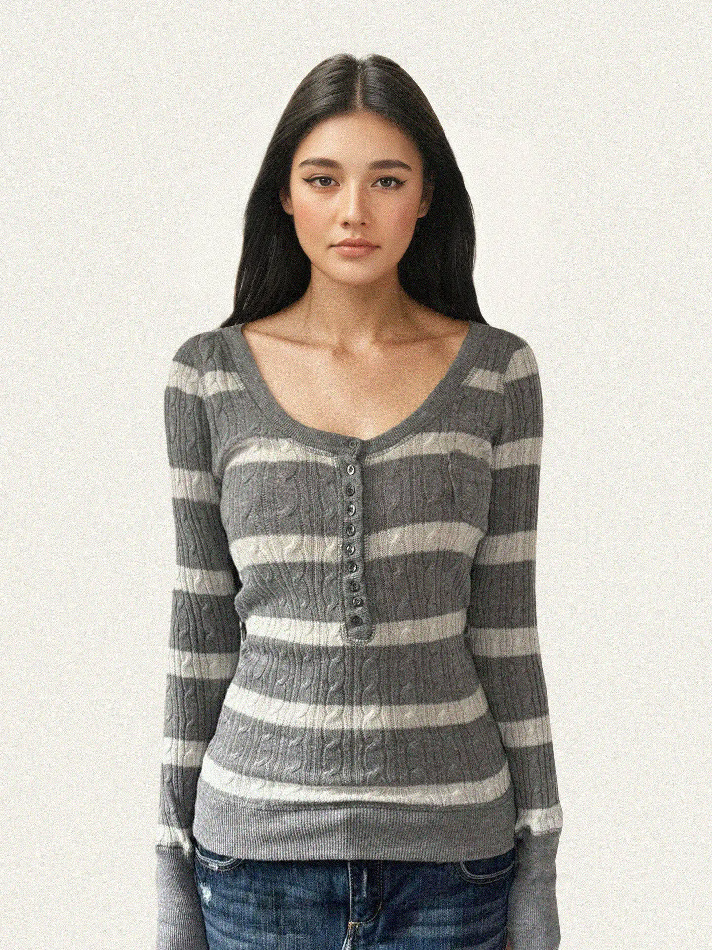 

Fff American Retro Striped Long Sve V-Ne Вязаный топ на пуговицах с застежкой на талии Base irt для женщин Осень Зима