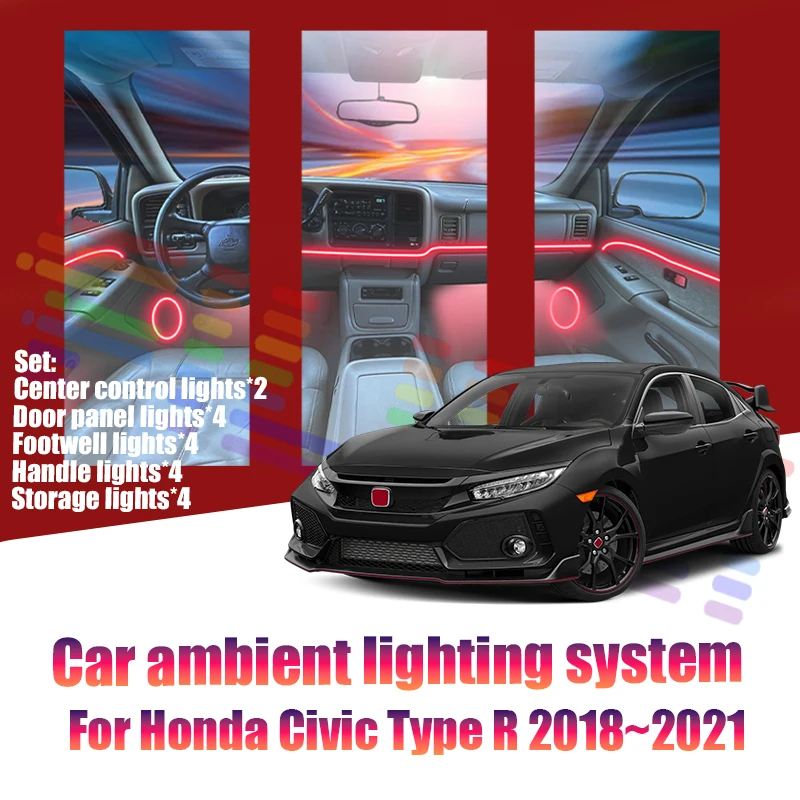 Luces LED Ambientales para Automóvil Honda Civic Type R 2018~2021 FKB, Luces de Atmósfera Coloridas, Tira de Neón Interior para Automóvil, Iluminación RGB de 64 Colores