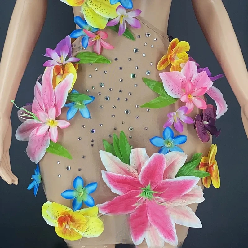 Vestido de flores Sexy con diamantes de imitación, vestido de noche con cintura hueca, actuación, espectáculo de danza, traje de celebración de cumpleaños