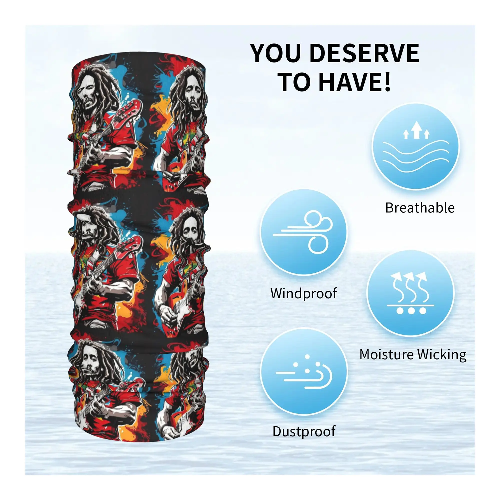 بوب مارلي الريغي باندانا غطاء الرقبة المطبوعة التفاف وشاح متعدد الوظائف عقال الجري للرجال النساء الكبار قابل للغسل