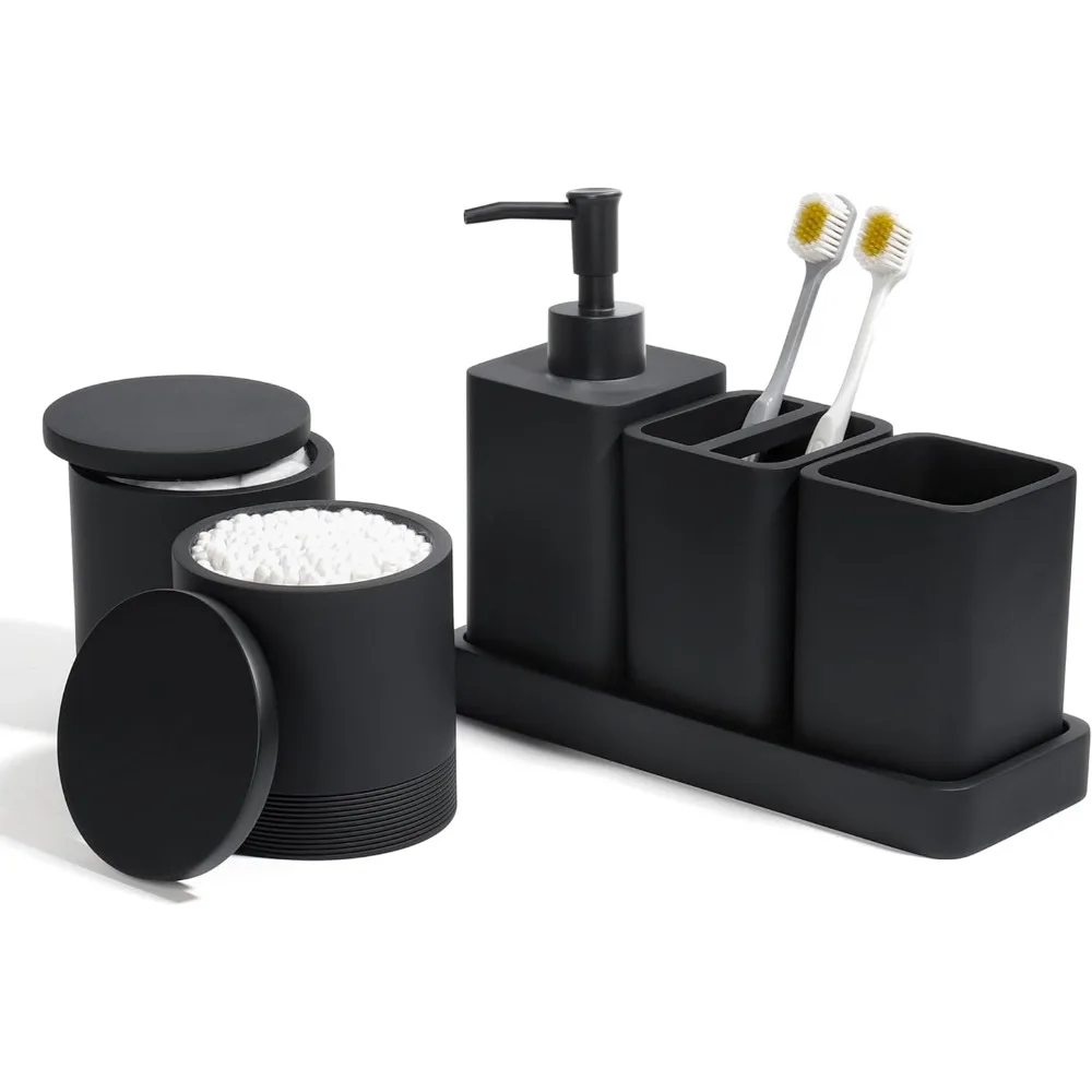 

Matte Black Bathroom Set: 6-Piece Organizer with Toothbrush Holders, Soap Dispenser, Vanity Tray, Tumbler, Cotton Swab Jars