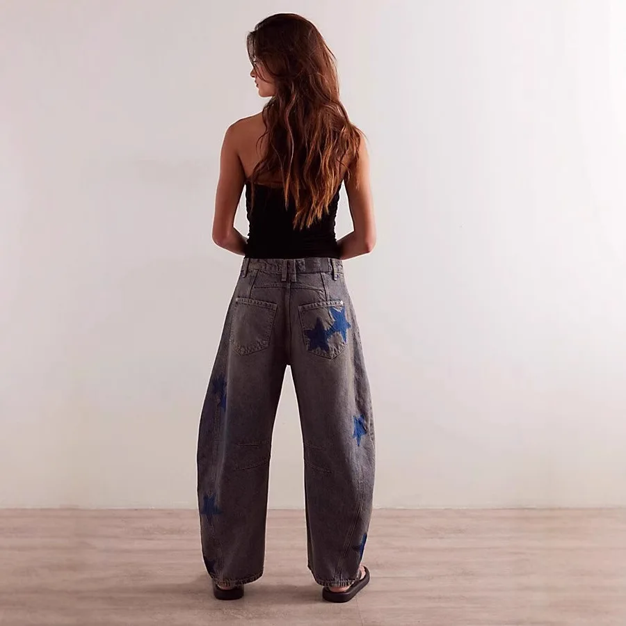 Vintage Washed Star Print Baggy Jeans for Women High Waist Wide Leg Denim Pants Loose Fit Y2K Streetwear Fashion Ladies Trousers