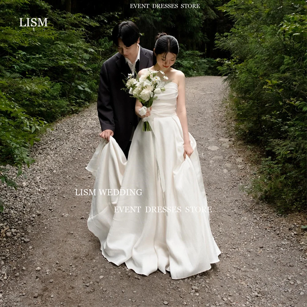 LISM Simple A Line Soft Satin Wedding Dresses Korea Photoshoot Strapless Sweep Train Bridal Gowns Corset Back Sweep Train