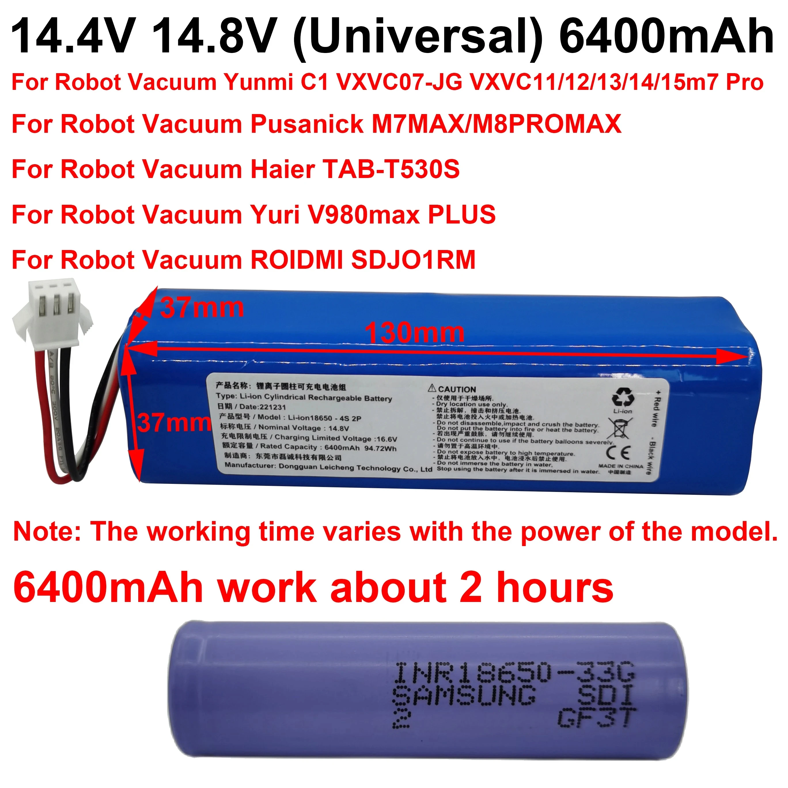 

14.4V 14.8V 6400mAh Li-Ion Cylindrical Rechargeable Battery Pack For Robot Vacuum Yunmi C1 VXVC07-JG 11 Haier TAB-T530S New