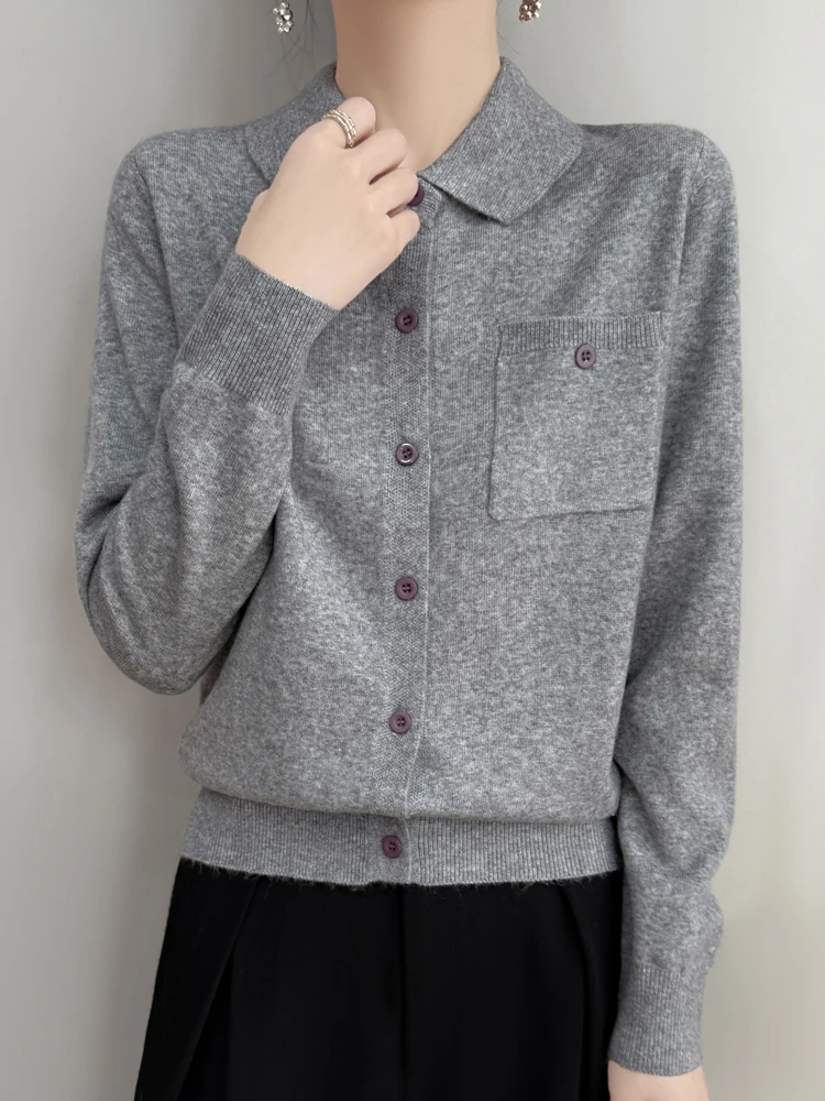 2025 Spring New Worsted Wool Shirts Small Lapel Blouses Long Sleeves Tops Thin Knit Cardigans Soft Lady Clothes Fashion Casual