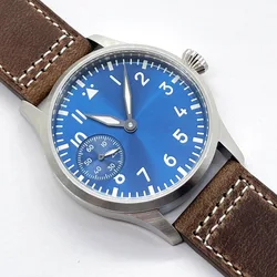 Reloj con correa de cuero para hombre, pulsera de 42mm, cristal de zafiro estéril, blanco, azul, verde, compatible con ETA 6497, bobinado Manual