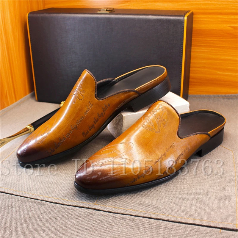 Men's Genuine Leather Pointed Toe Mules, Handmade Embossed Backless Loafers, Slip-On Dress Shoes for Business & Casual