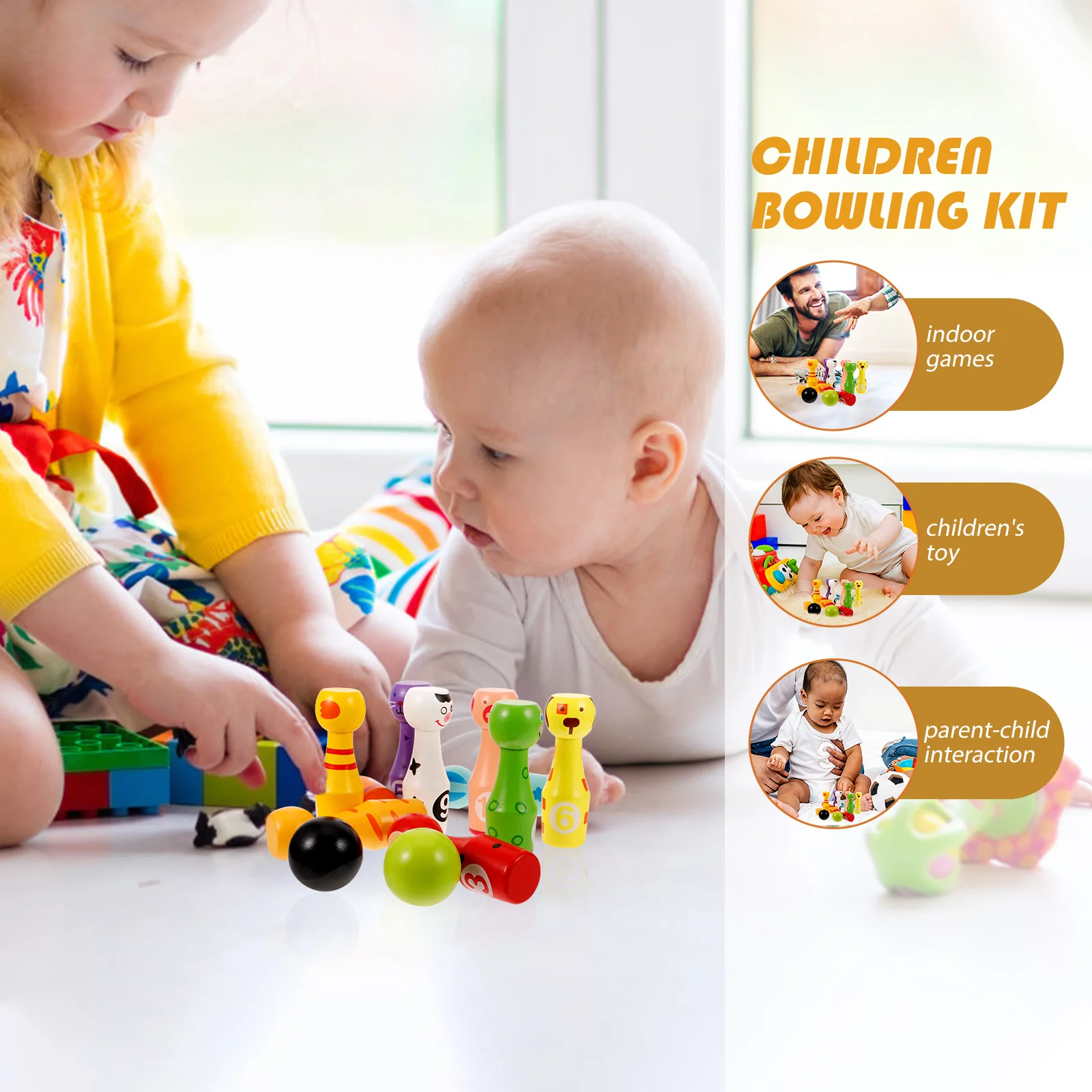 

Wooden Bowling Toys Kids Cartoon Design Durable Smooth Texture Balls Puzzle Colorful Hand Eye Coordination Toy Kit