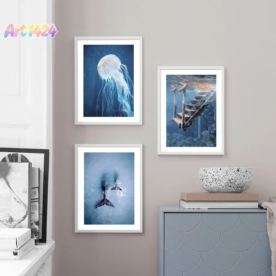 Blue Santorini Aegean Sea Waves Whale Mica Palm Sailboat Poster Minimalist Print Canvas Painting Wall Art for Modern Home Dec