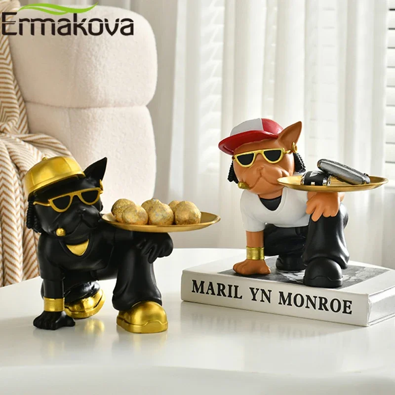 ERMAKOVA Resin French Bulldog Statue Key Holder Candy Dish Tray Bowl Home Entryway Table Sculpture Dining OfficeTable Decor