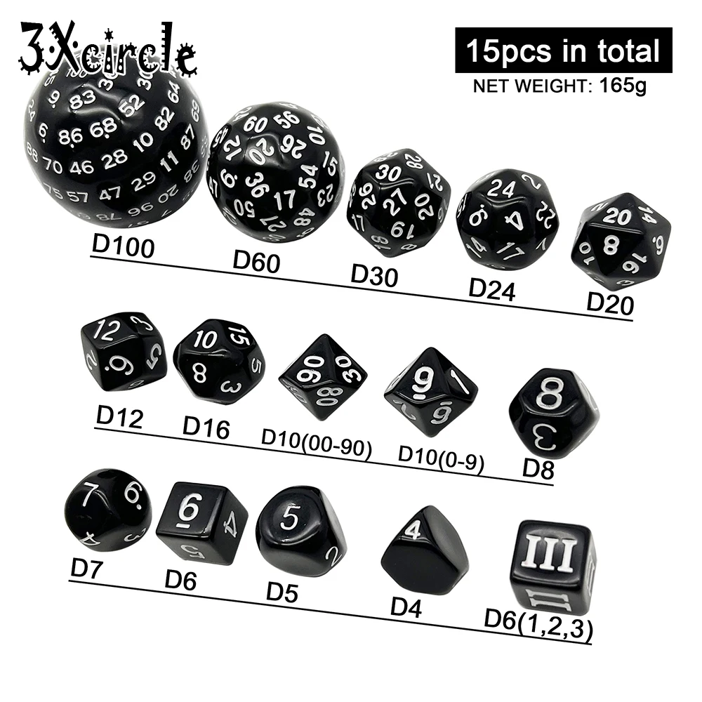 15 Piece Polyhedral Dice Set In Opaque Effect D3-D100 for D&D TRPG Table Board Role Playing Games with Storage Bag