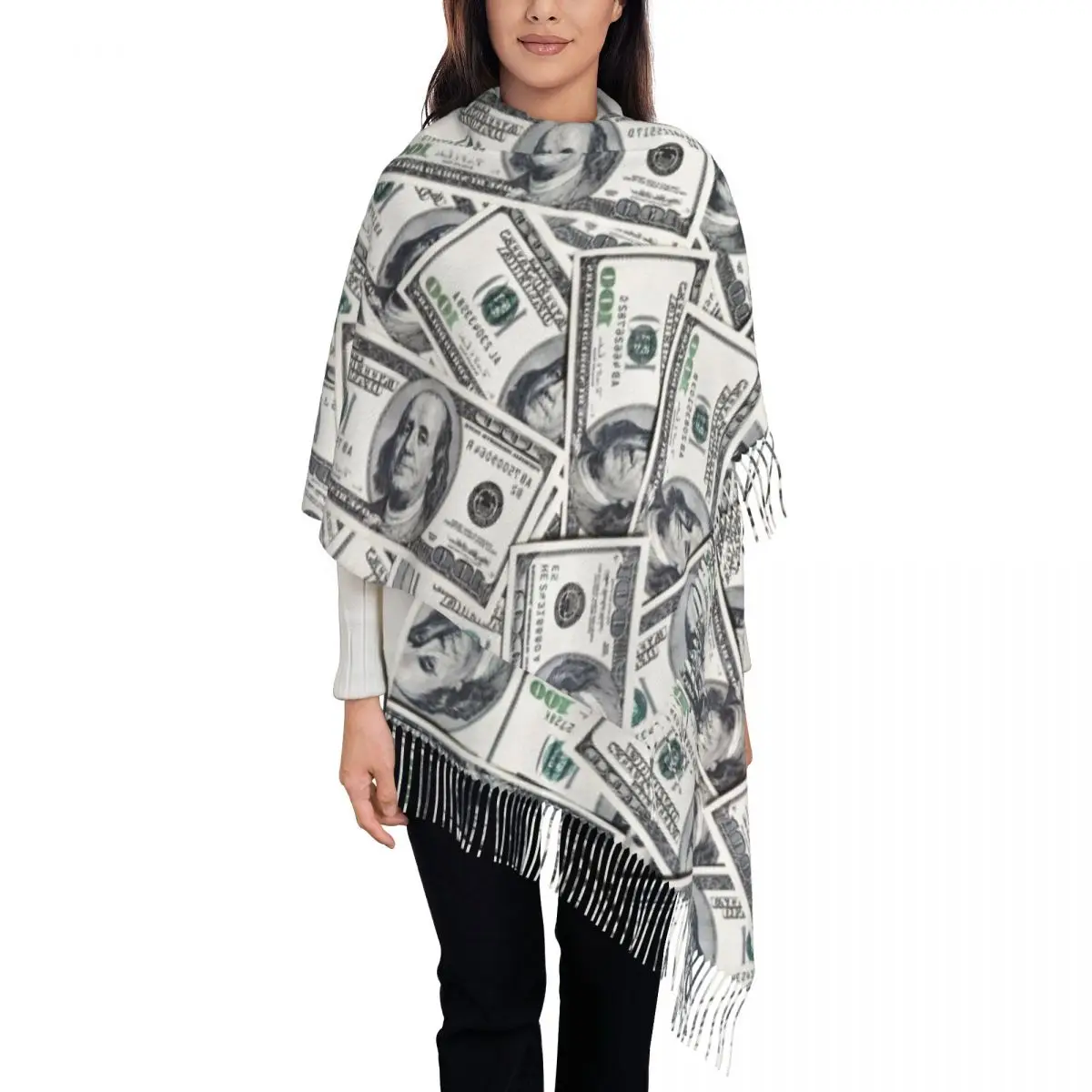 

Lady Long Hundred Dollars Bills Scarves Women Winter Soft Warm Tassel Shawl Wraps Money Scarf