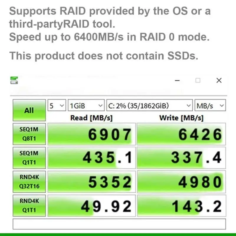 

U55C PCIe to M.2 NVME SSD 4 Disk Soft Array Expansion Card 64Gbps Transfer Rate