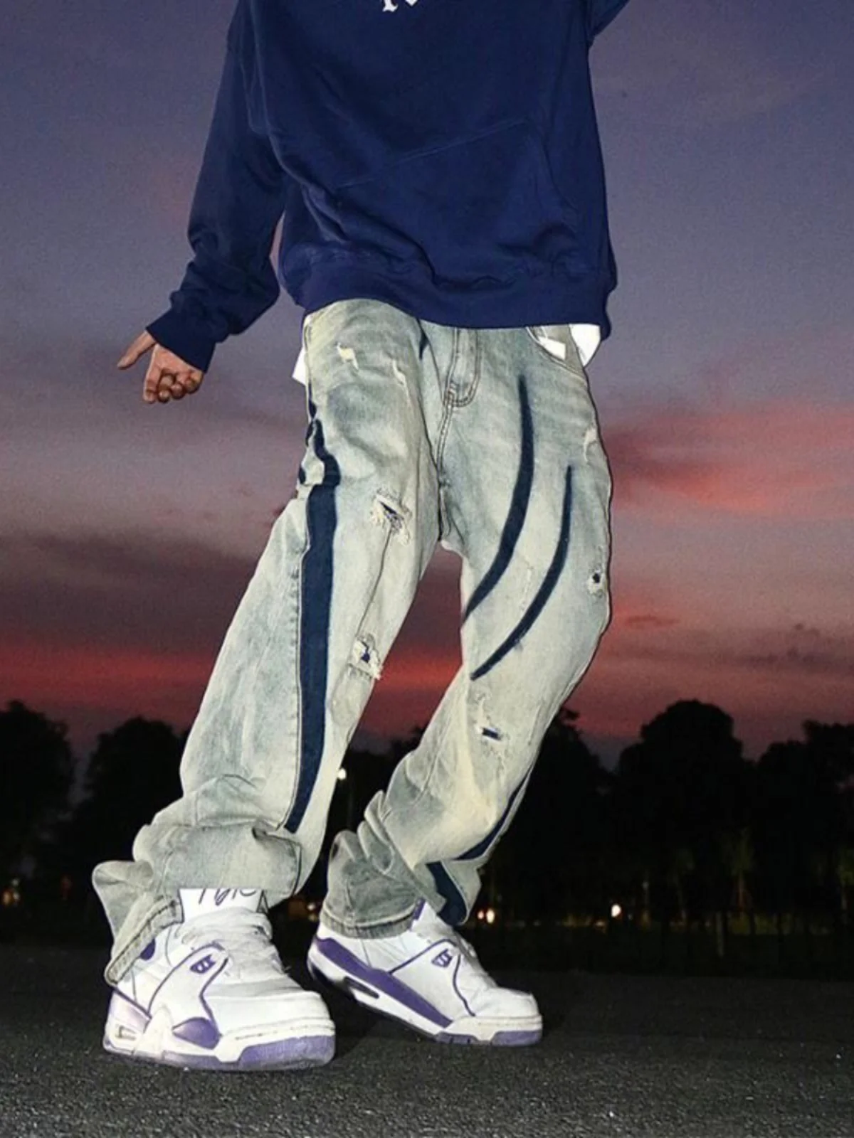 

Large Size 300 Pounds American Vibe Distressed Denim Jeans Men's Autumn Loose High Street Long Pants Trendy Casual Trousers