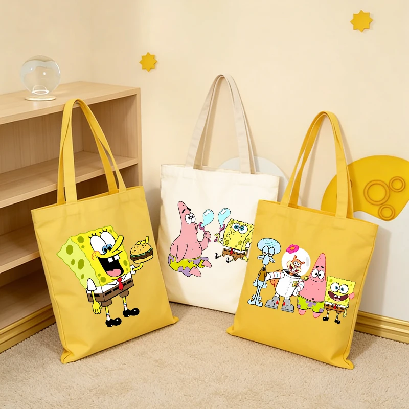 

Cute SpongeBobs Handheld Tote Bag Anime Role Kids Boys Girl Reusable Folding Canvas Large Capacity Shopping Pocket Shoulder Case