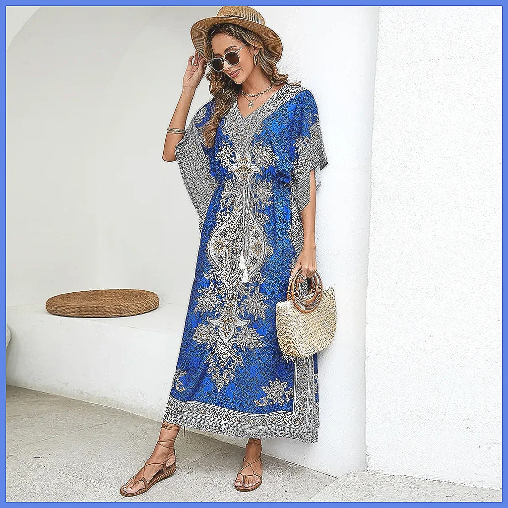 Abito Copricostume Bohemien Lungo con Scollo a V, Vestito Ampio Protettivo Solare da Donna