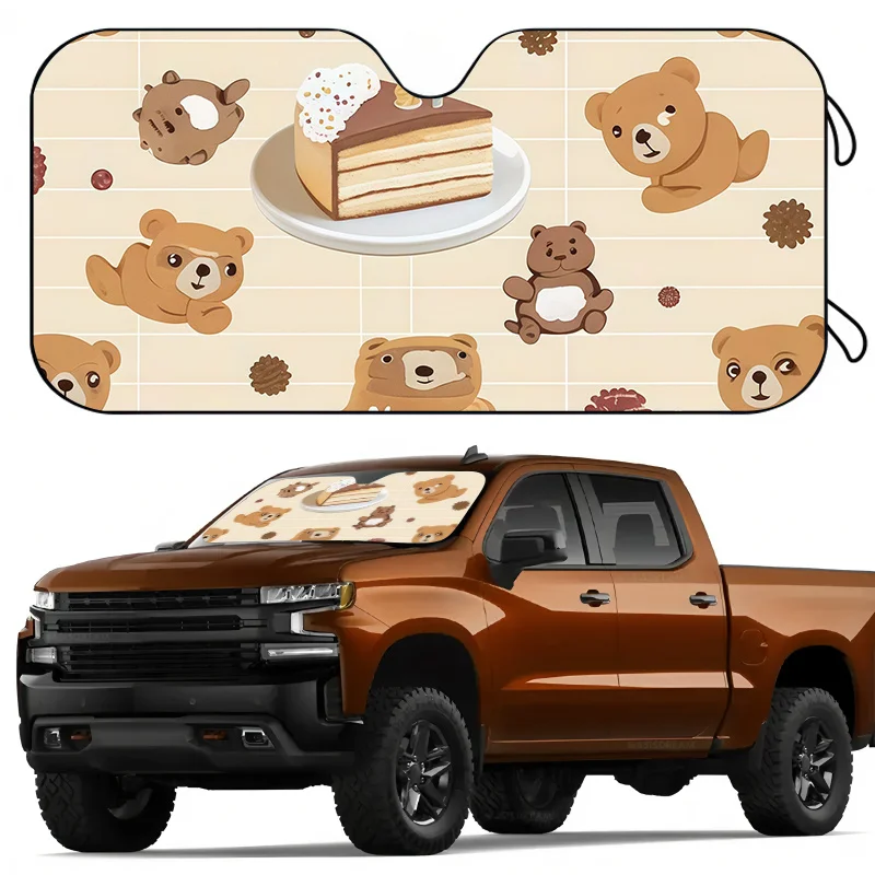 1pc. Car Sun Visor Features A Cake And Bear Design. It Protects Your Car And Keeps It Cool. The Suction Cup Installation Makes I
