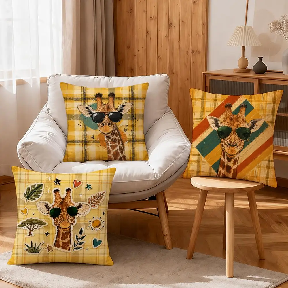 Pattern Vintage Giraffe Print Cushion Cover Linen Anti-Mite Antibacterial Cushion Cover Invisible Zipper Sofa Decor