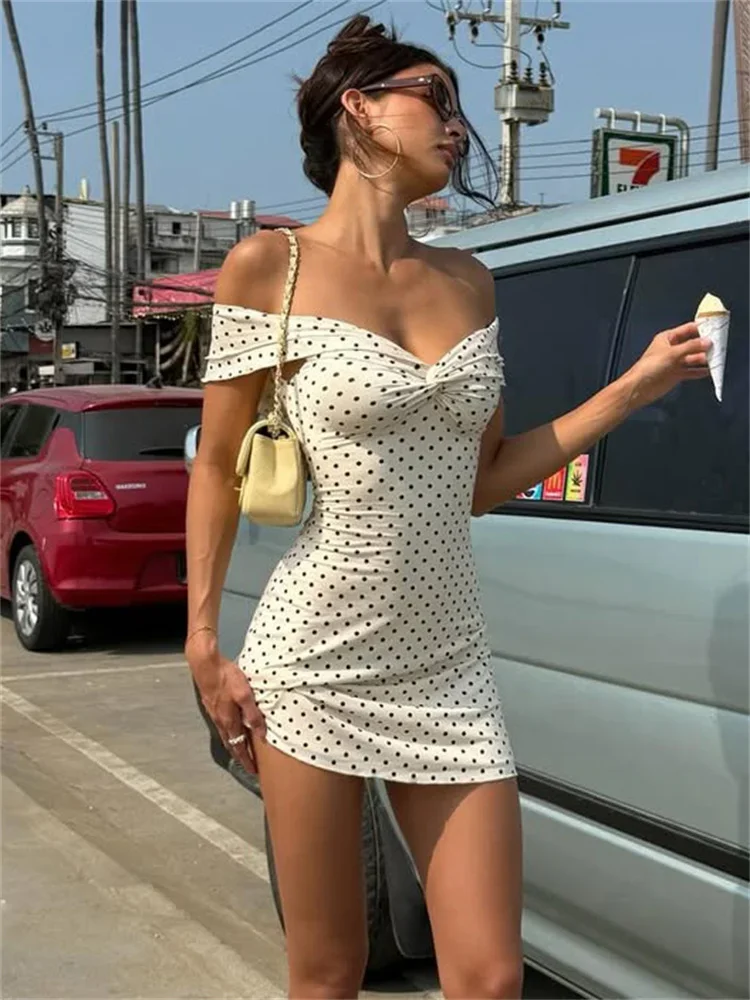 

2026 Summer Bandeau Dress Women Backless Printed Slim Commute Elegant Twist Party Dress Female Off-Shoulder Mini Dress