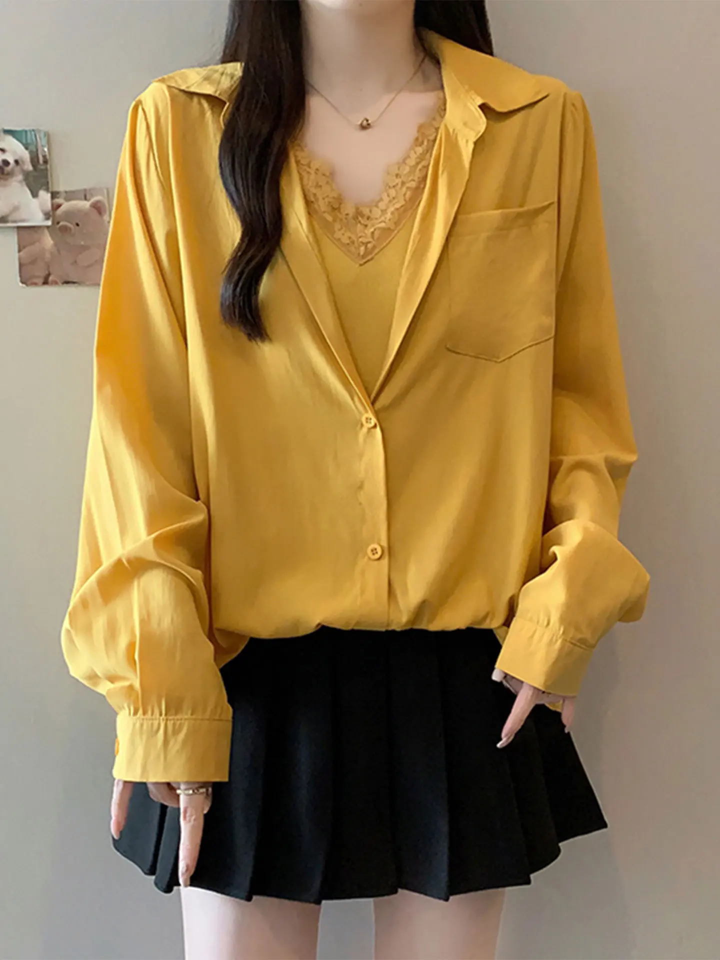 

Spring 2026 Lace Long Sve irt Design Sense Fake Two-Piece plus Size Women's Casual Sle Unique Top for plus Size Women