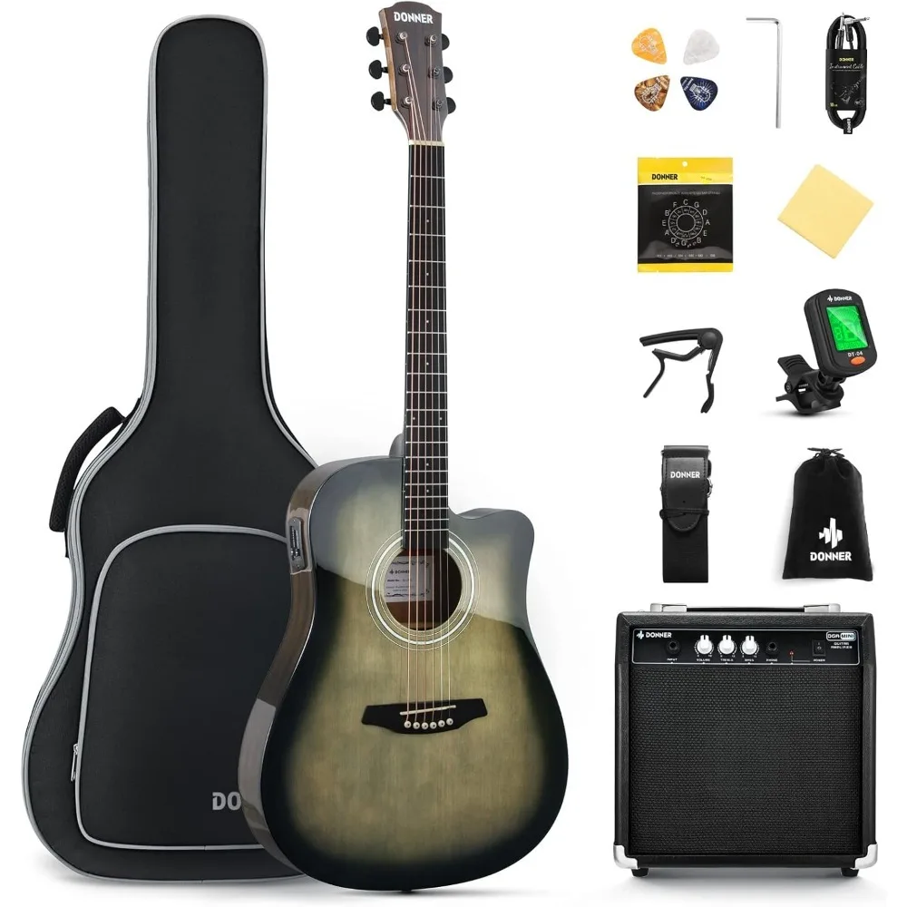 Acoustic Electric Guitar Full Size Kit for Beginner Intermediate with Amplifier Capo Pick Tuner Strings Strap - 41 Inch