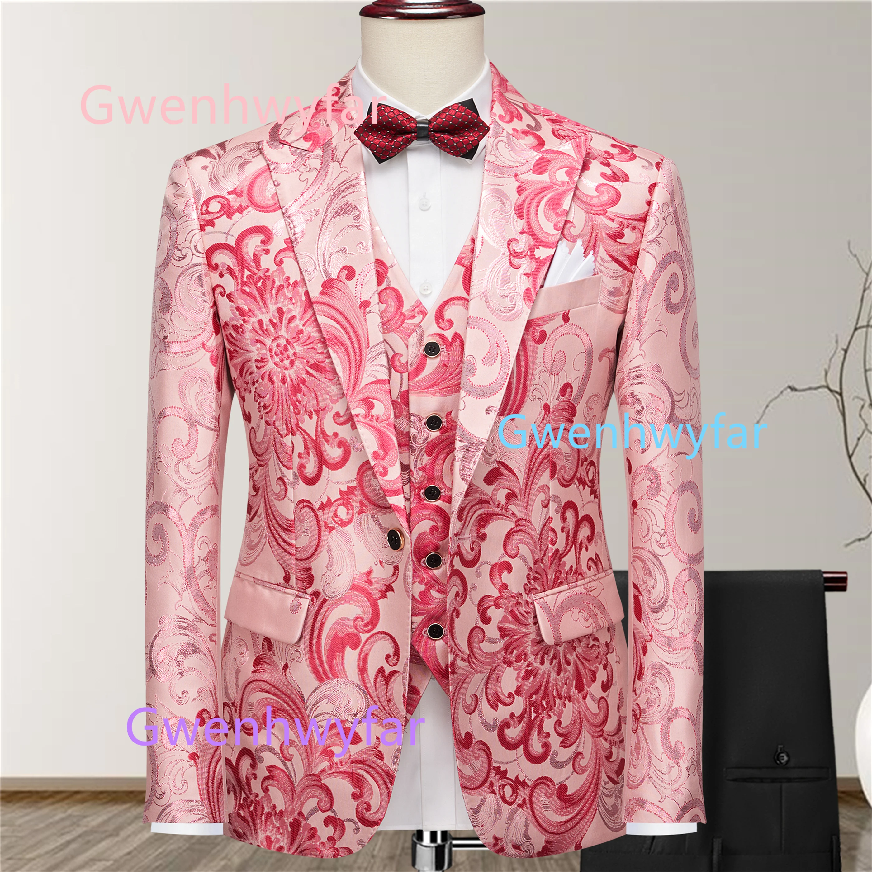 

G&N Large Size Rose Red Chrysanthemum Jacquard Suit 2026 New Style for Young Men's Graduation Ball Fashion Show Suits in 3 Piece