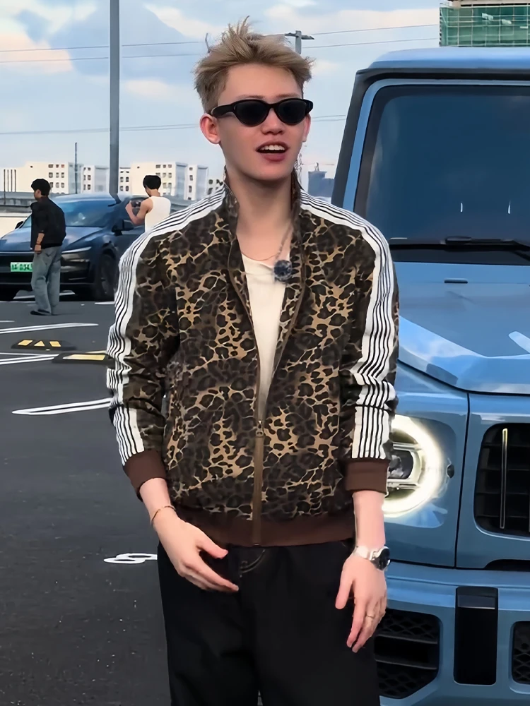 Trendy American Retro Leopard Print Jacket Men's Autumn Spring Zipper Stand Collar Couple Style Loose Fit Clothing