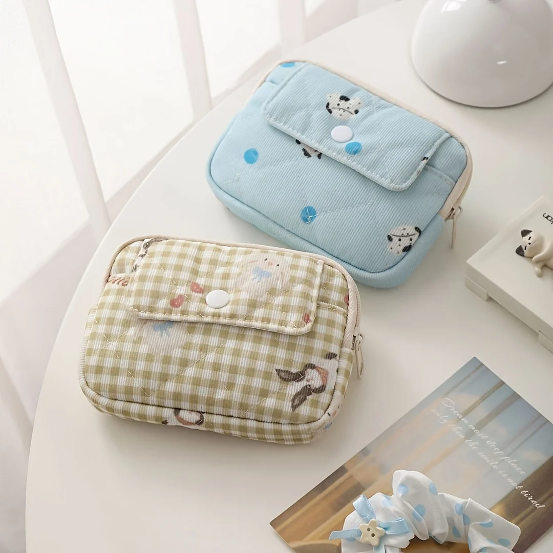 

Women'scorduroy portable storage bag,cute rabbit coin purse and ID card holder, travel mini space-saving lipstick and makeup bag