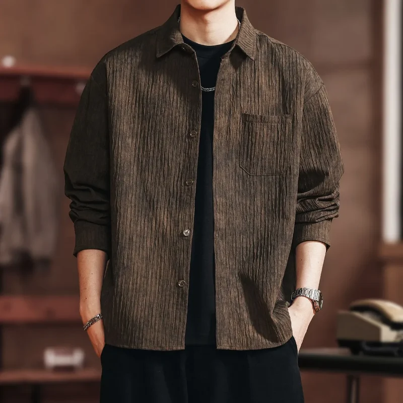Retro American men's autumn and winter long sleeved shirt, new loose collared workwear shirt jacket, casual men's clothing