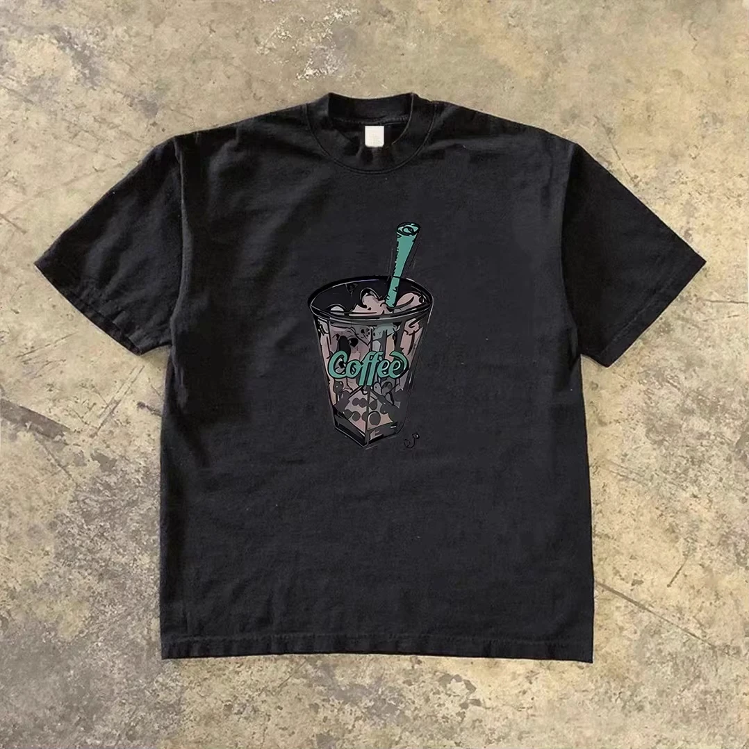 Comercio Exterior Américain Vintage Café Lourd camiseta À Manches Courtes Imprimé En Coton Haut versátil Pour Hommes Et Femmes