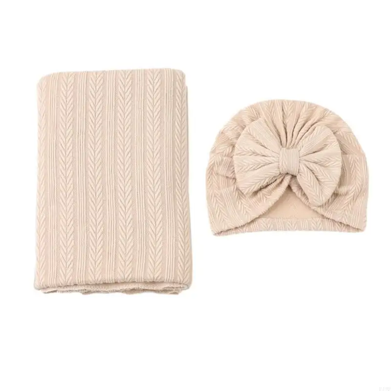 

F19F 2pcs Newborn Swaddles Blanket Hat/Headwear Set Baby Wrap Cloth with Fetal Caps