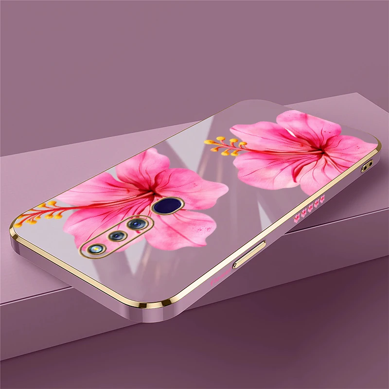Diagonal Hibiscus Flower Phone Case For OPPO F29 Pro F23 F21 F19 Pro + F17 F15 F11 F9 F5 F1S Lens Protect Plating TPU Cases Capa