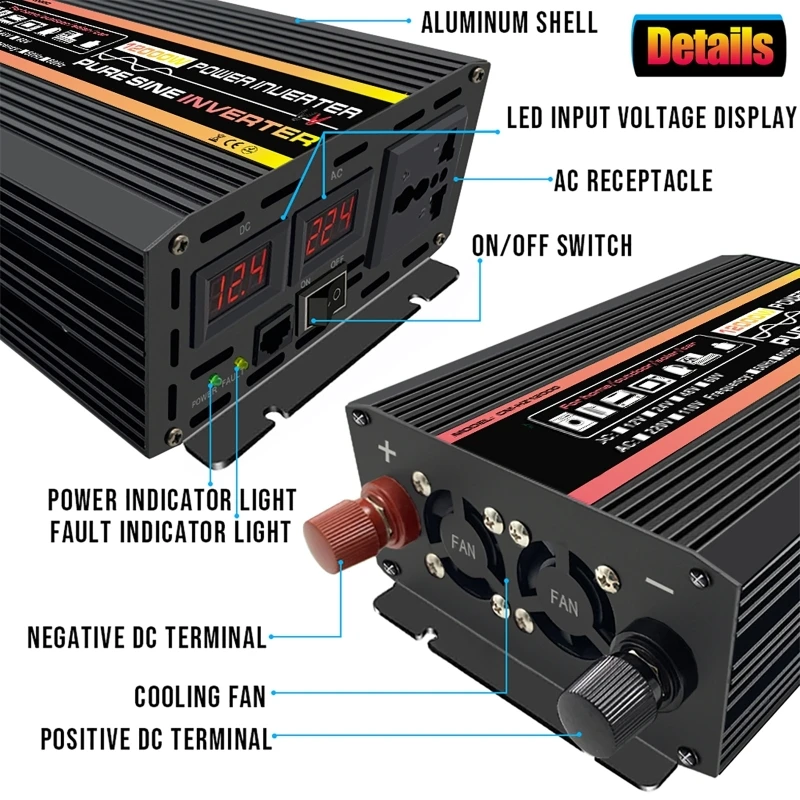 DC 12V/24V To AC 220V Pure Sine Wave Power Inverter 10000W/12000W Intelligent Digital Display Voltage Transformer