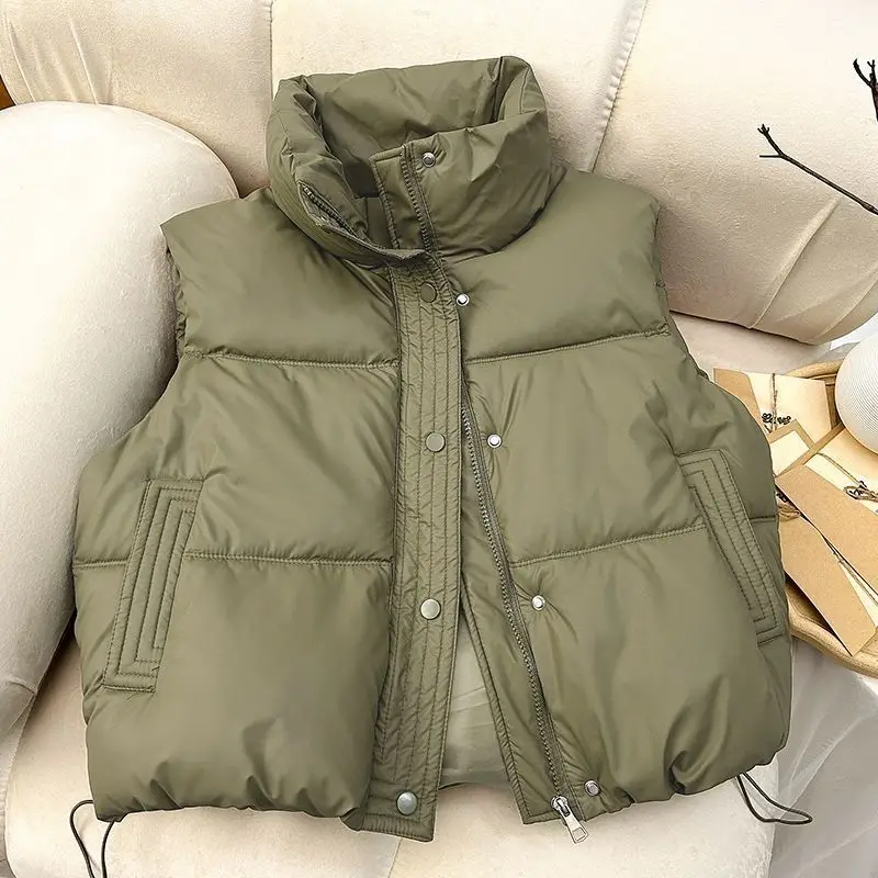 Autumn Winter New Cotton Padded Vest Jacket Women's Short Style Trendy PU Leather Sleeveless Parkas Black Warm Casual Streetwear