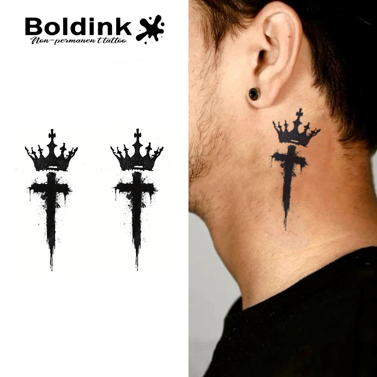 Boldink Crowned Cross Temporary Tattoo,Lasts To 15 Days New Technology Magic Waterproof Semi Permanent Sticker.