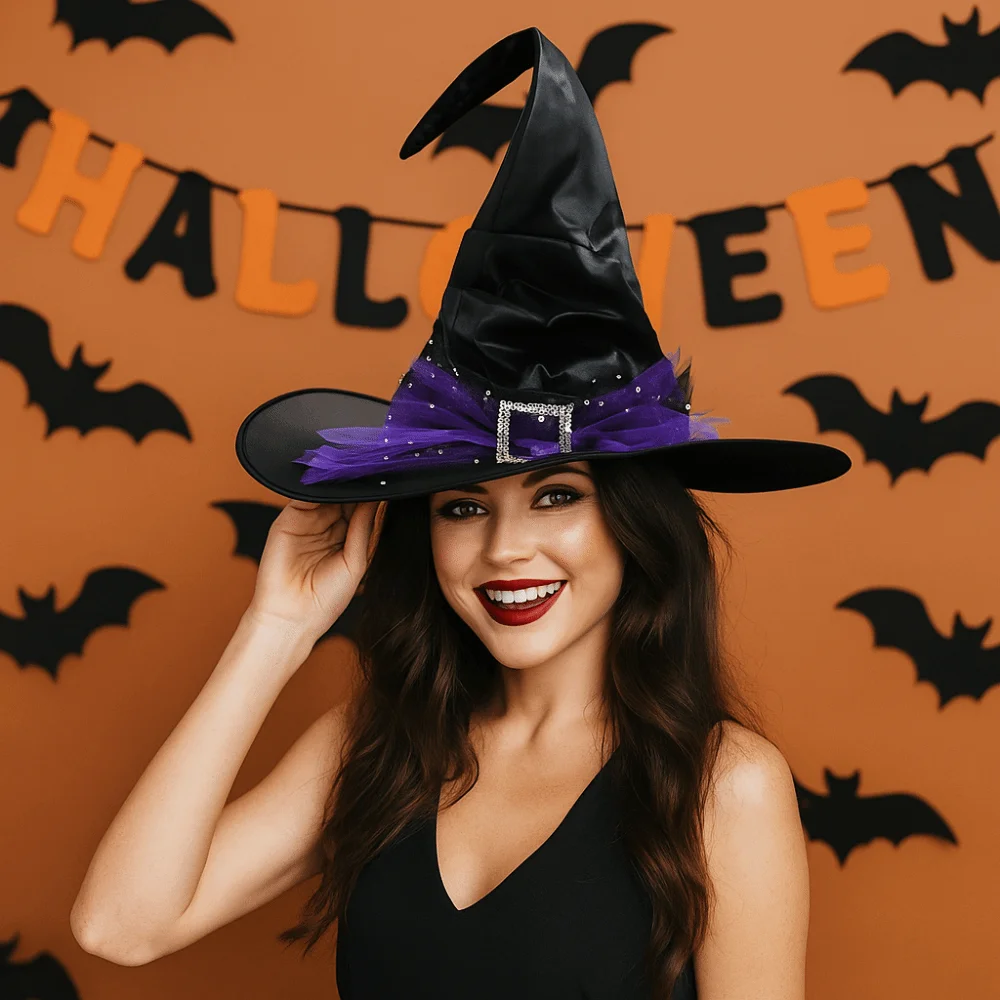 

Simple Folds Halloween Witch Hat Satins Baroque Mesh Bow Witch Hat Black Gothic Queen Wizard Cap Night club