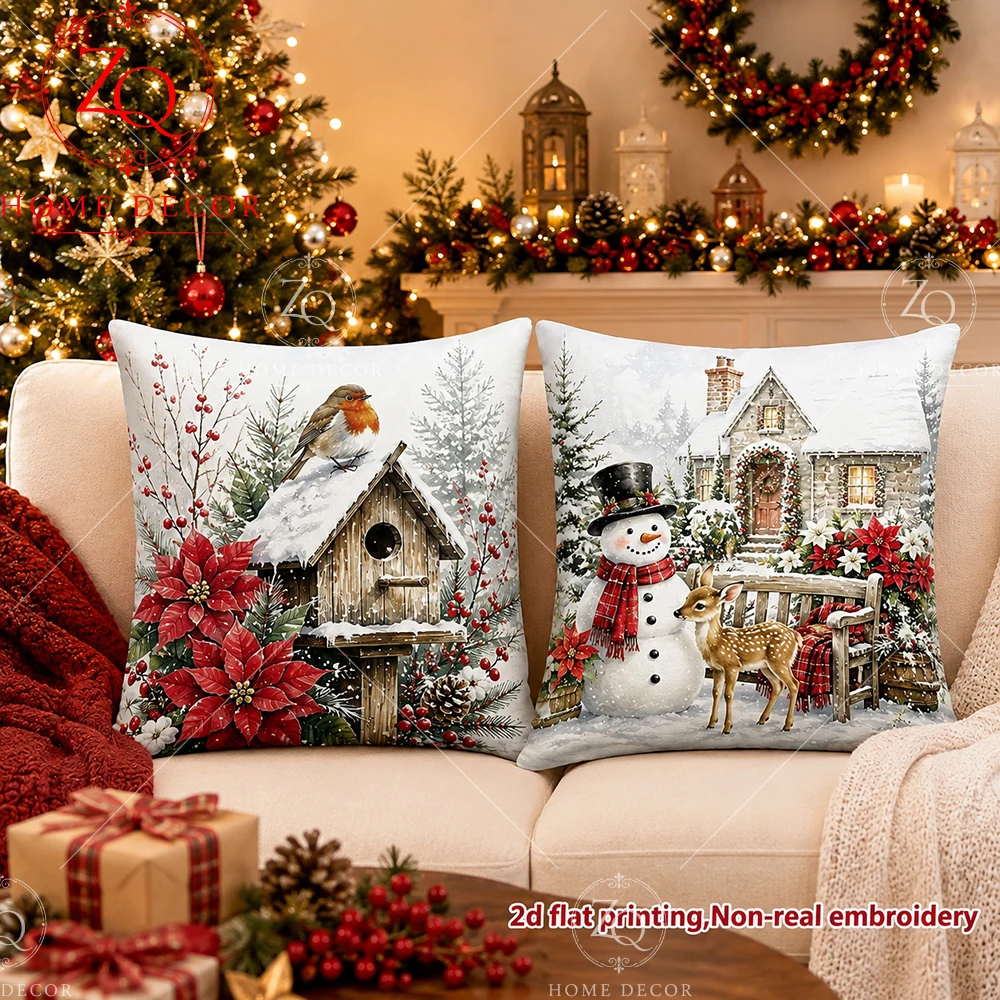 Christmas Throw Pillow Covers  Winter Holiday Cushion Cases with Snowman Robin Bird House Pattern for Sofa Bedroom