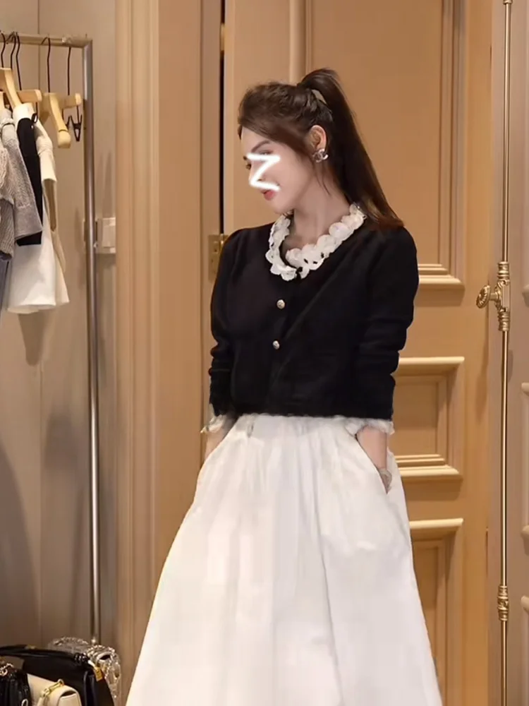 

Женский высококачественный вязаный кардиган Zhang с кружевным воротником и вставками, весенняя модная модель из полиэфирного волокна, с длинными рукавами