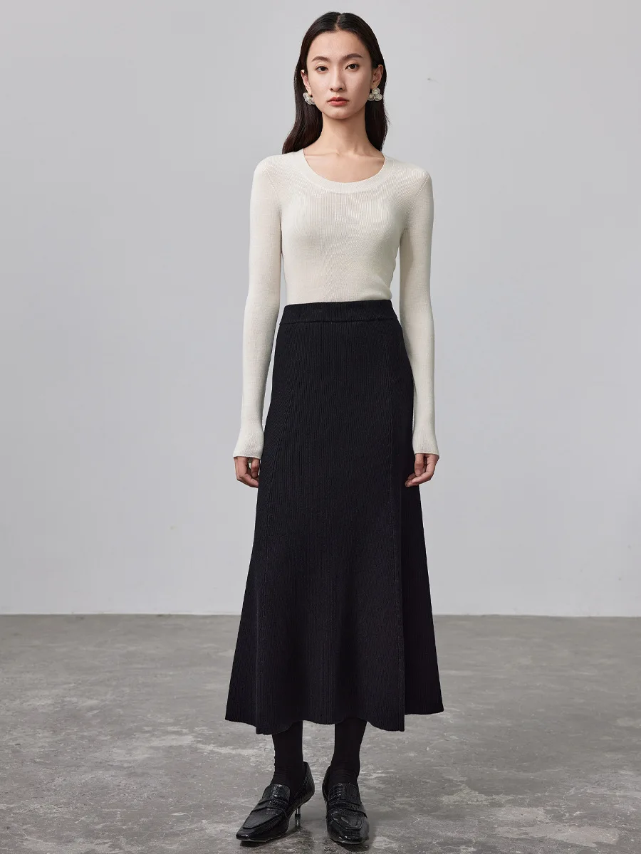 BirdTree, 90%Sheep Wool 10% Silk Elegant Knitwear, Women Long Sleeve Seamless, Casual Commute Tops, Autumn Winter Tees T48034QC