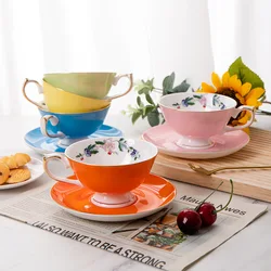 European Ceramic Gold Rim Coffee Cup Set，bone China Cup and Saucer ，Painted Flower Design Home Creative Gift Afternoon Tea Mug